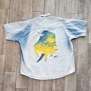 Guy Harvey Classic Denim Shirt Men's XXL Short Sleeve with Tropical Fish Boating